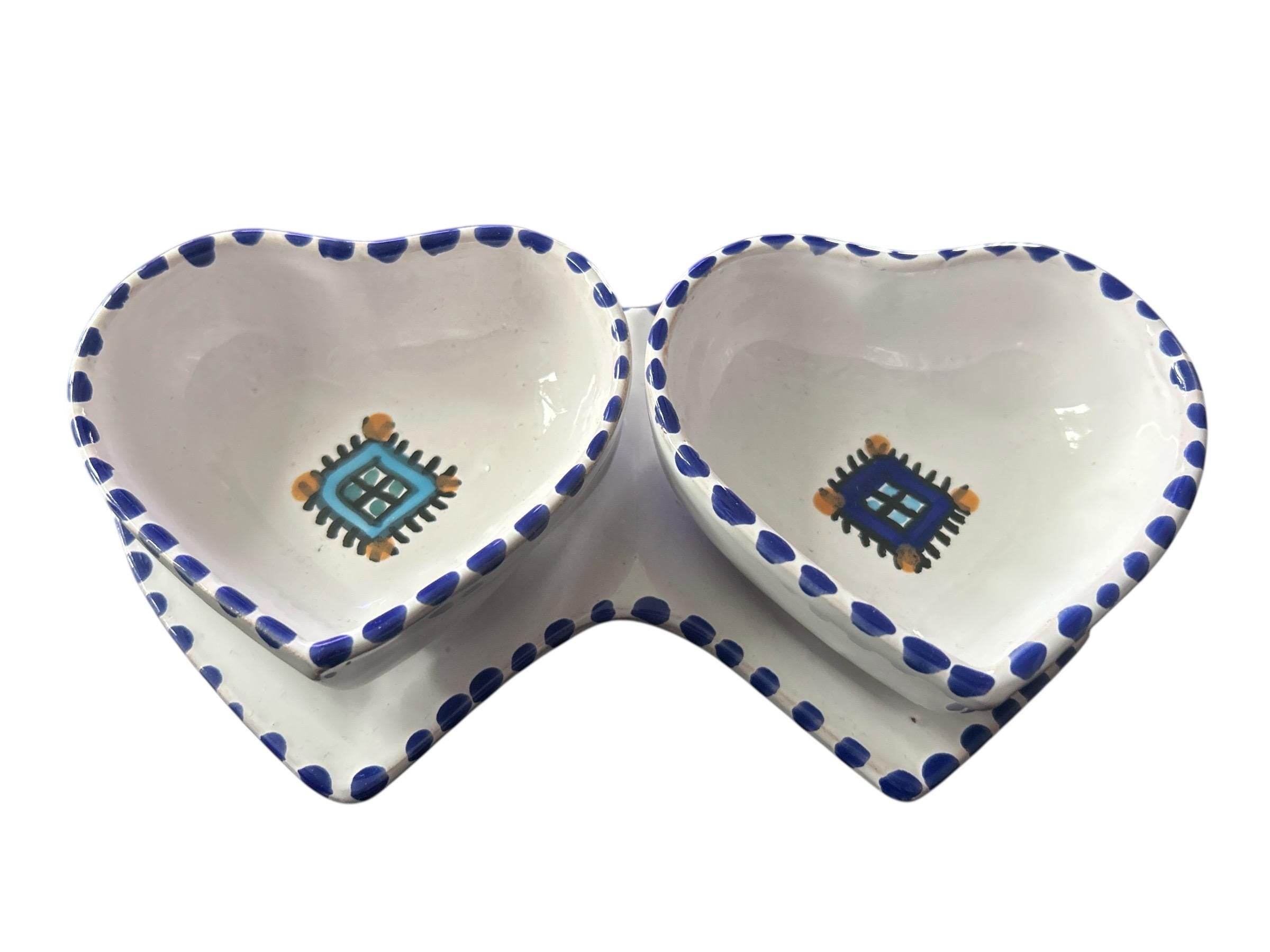 Handmade Ceramic Double Heart Dish | Blue & White Serving Bowl
