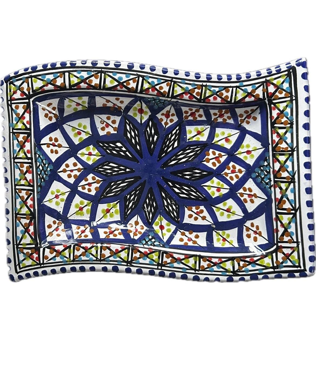 Hand-Painted Tunisian Rectangular Serving Plate With Wavy Edge | Large & Small Side Dish