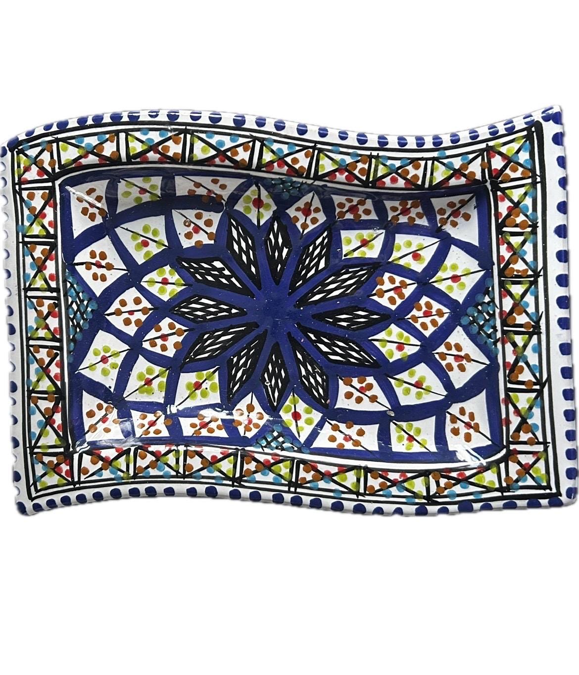 Hand-Painted Tunisian Rectangular Serving Plate With Wavy Edge | Large & Small Side Dish