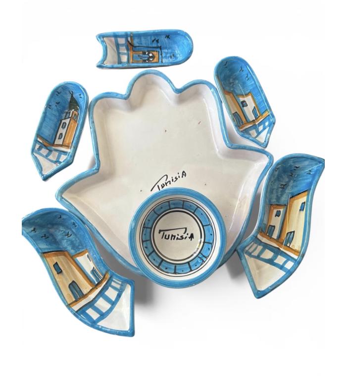 Handmade Tunisian Hamsa Meze Set – Hand-Painted Ceramic Serving Dish - Sidi Bou Said