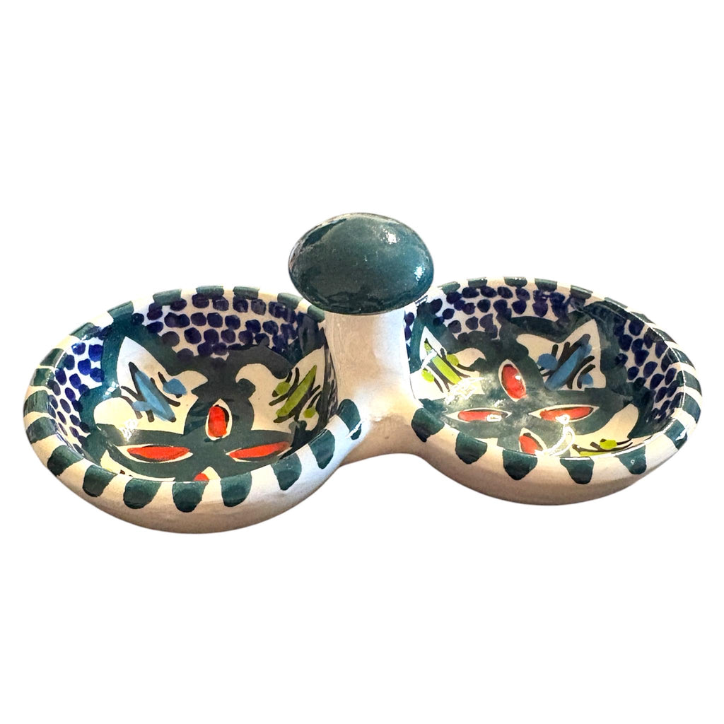 Hand-Painted Tunisian Ceramic Serving Dish | 3 Section Mezze Bowl Set | Artisan Dip & Snack Serving | Green