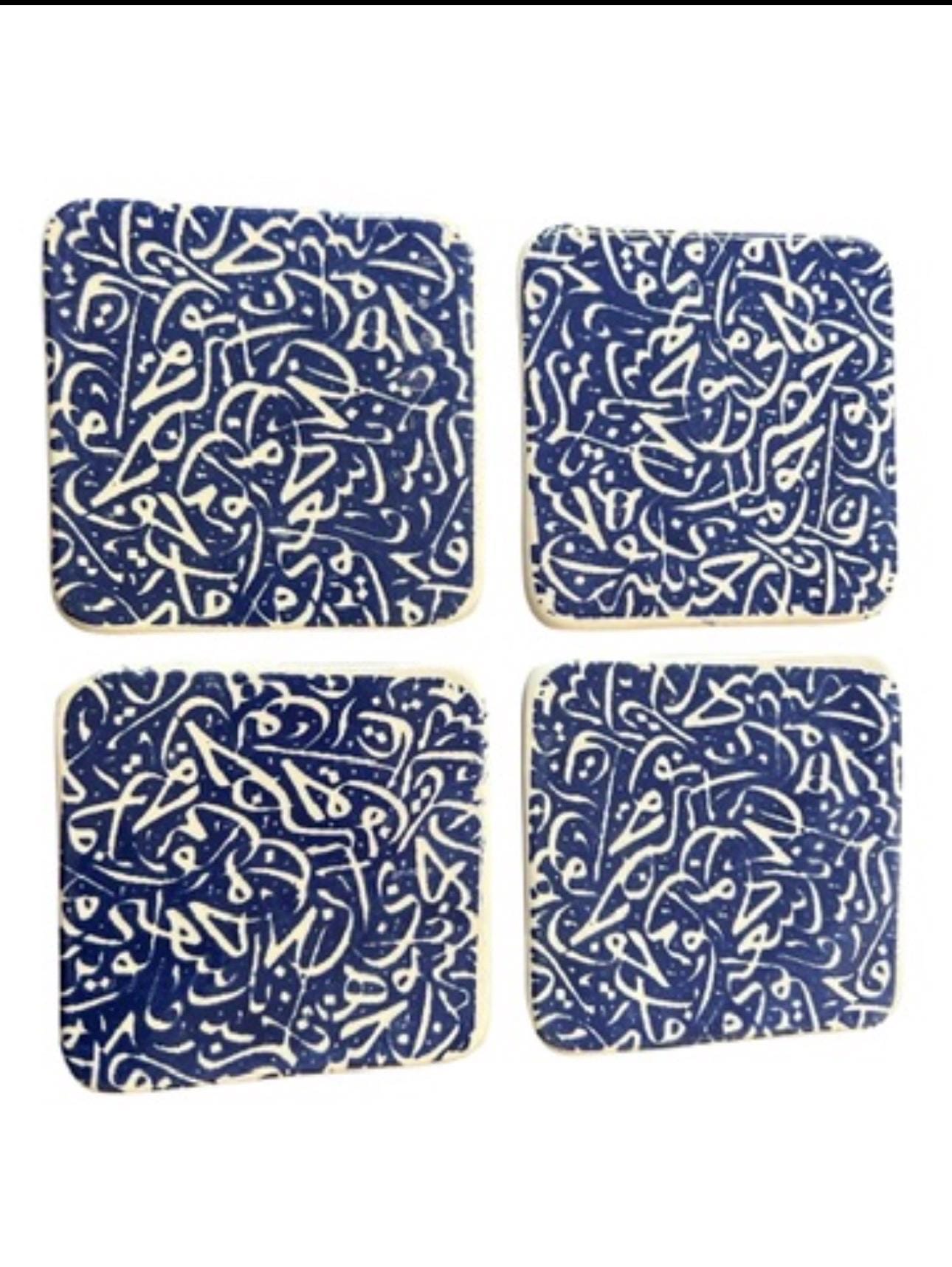 Hand-Painted Blue Ceramic Coasters | Tunisian Artisan Mediterranean Home Decor