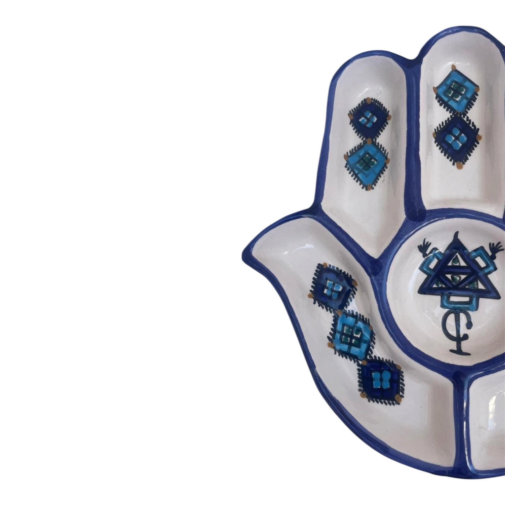 Handmade Tunisian Ceramic Hamsa Serving Platter – Dark blue and white
