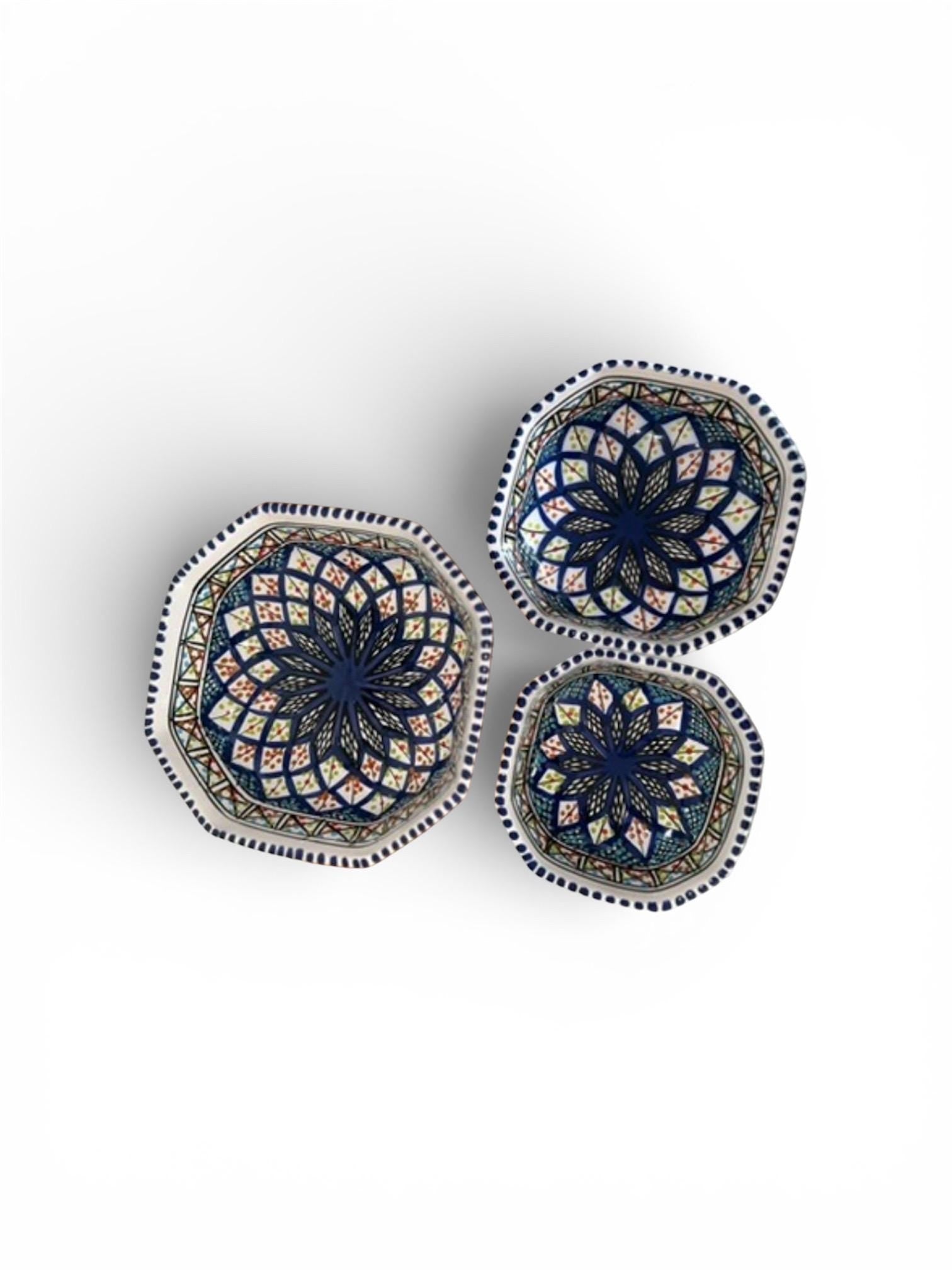 Set of 3 Square Ceramic Bowls | Handcrafted Tunisian Ceramic | Hand-Painted Artisan Tableware