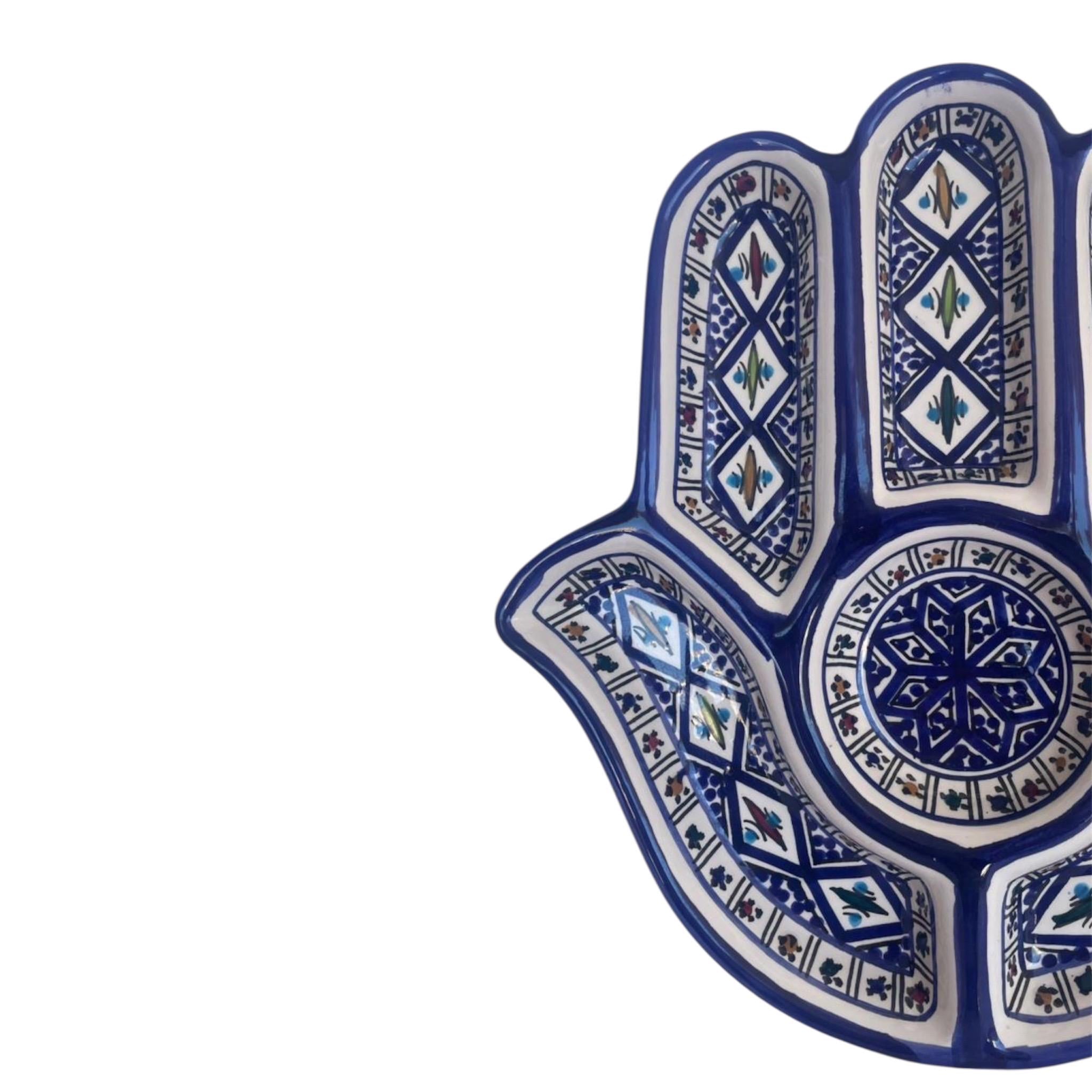 Handmade Ceramic Hamsa Serving Platter – Traditional Blue Mosaic