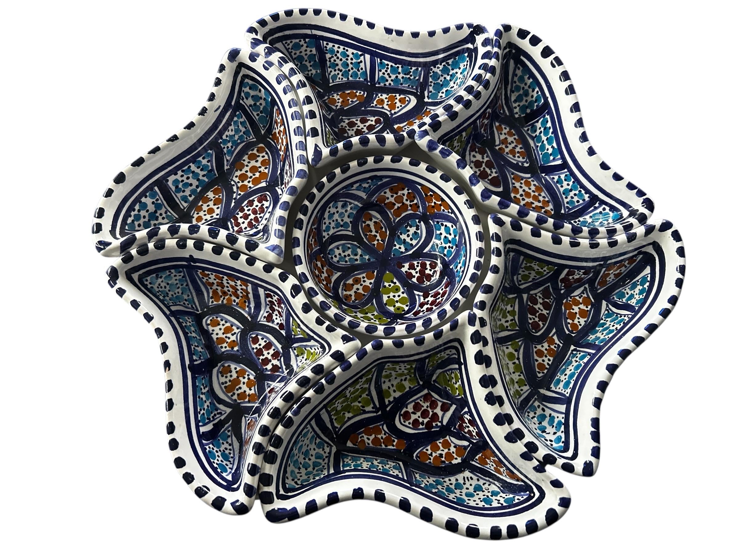 Flower Shaped Snack Dish Set | Handmade Ceramic Mezze Serving Tray | Blue Patterened Entertaining Platter