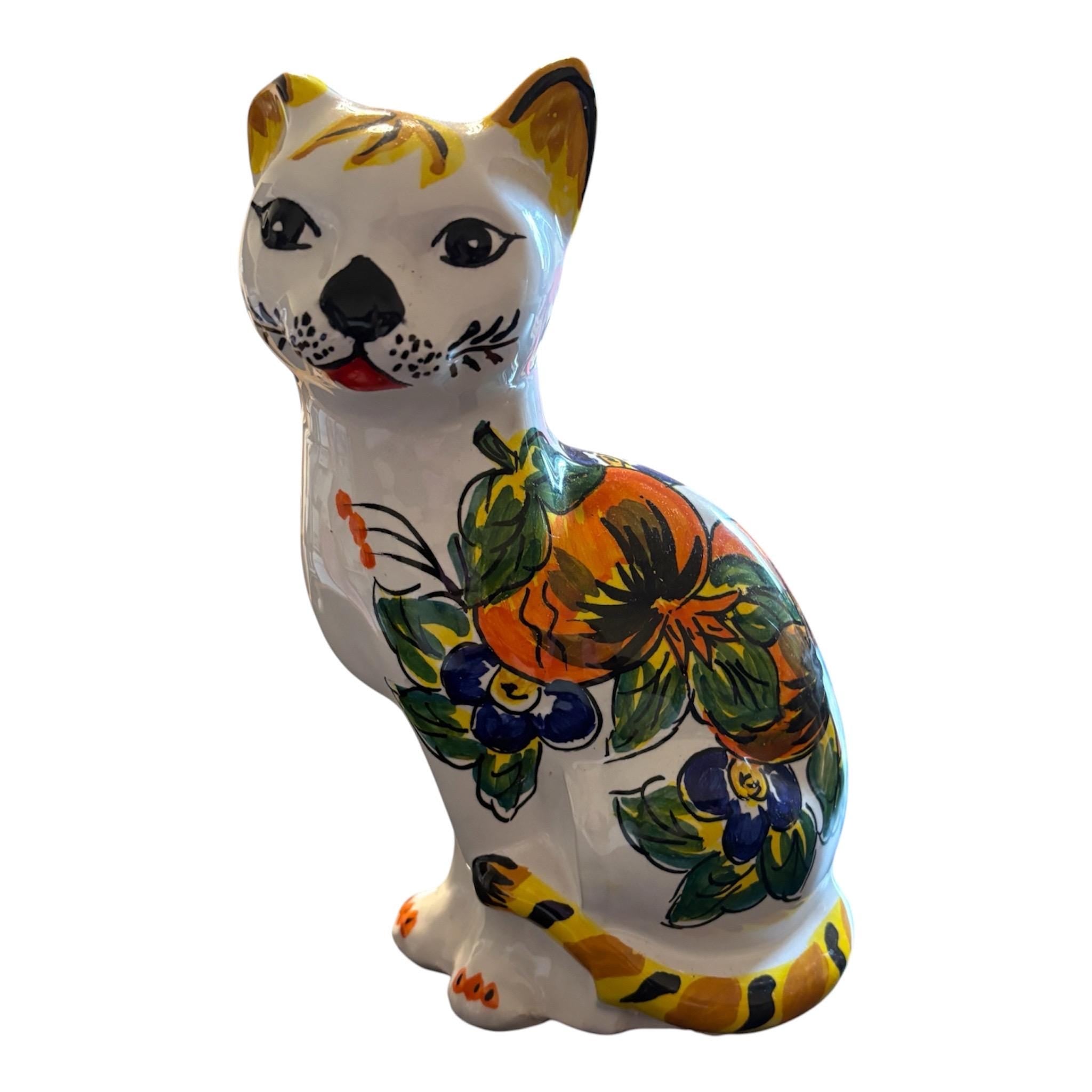 Hand-Painted Ceramic Cat Ornament | Fruit Floral Mediterranean Home Decor