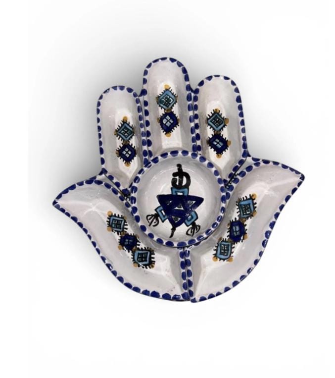Handmade Tunisian Ceramic Hamsa Meze Set – Hand-Painted Snack & Dip Plates - White and blue