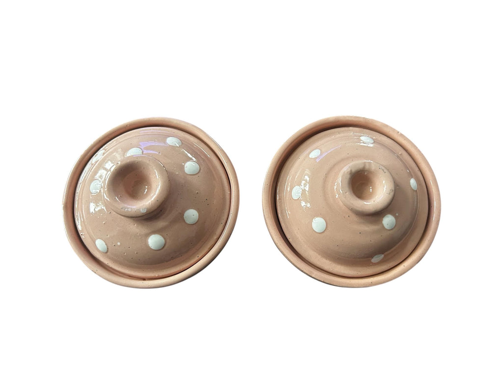 Hand-Painted Pink Ceramic Lidded Bowl | Small Storage Pot with White Dots | Tunisian Stoneware