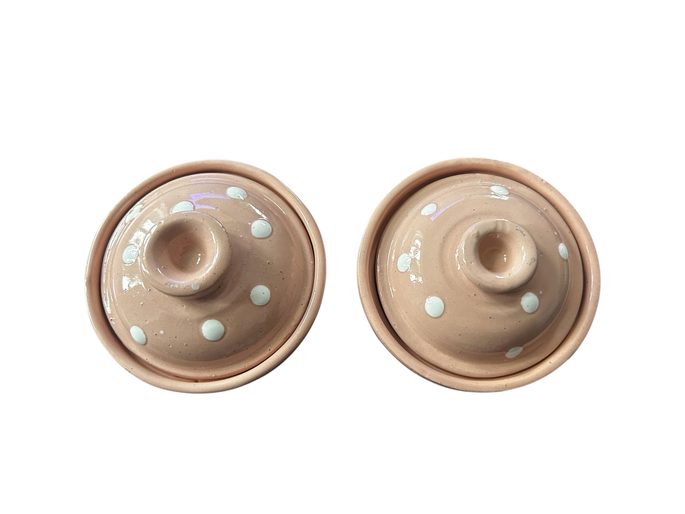 Hand-Painted Pink Ceramic Lidded Bowl | Small Storage Pot with White Dots | Tunisian Stoneware