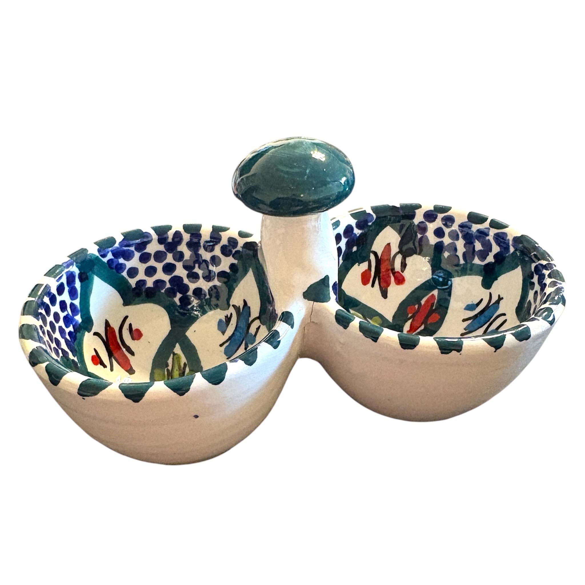 Hand-Painted Tunisian Ceramic Serving Dish | 3 Section Mezze Bowl Set | Artisan Dip & Snack Serving | Green