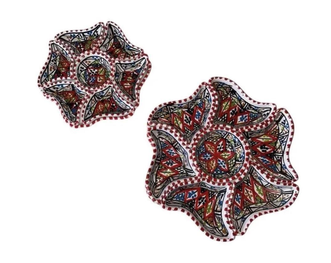 Handmade Tunisian Ceramic Snack Dish – Flower Shaped Tapas Plate - Red