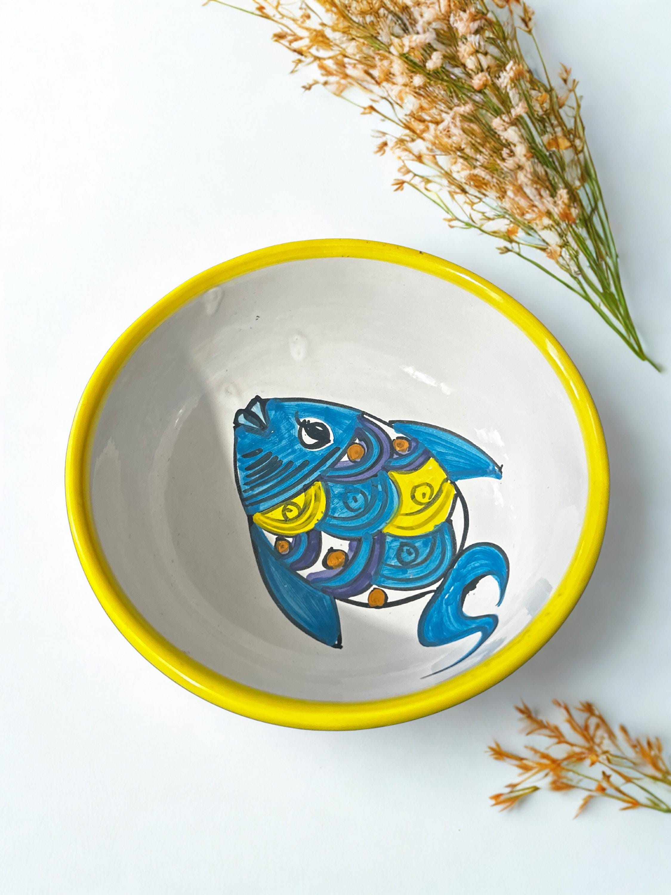 Handmade Tunisian Ceramic Bowl – Yellow & Blue Fish Design