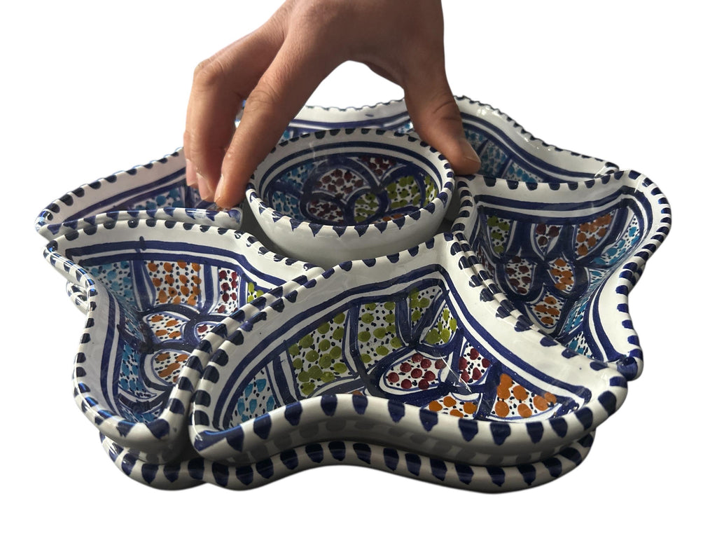 Flower Shaped Snack Dish Set | Handmade Ceramic Mezze Serving Tray | Blue Patterened Entertaining Platter
