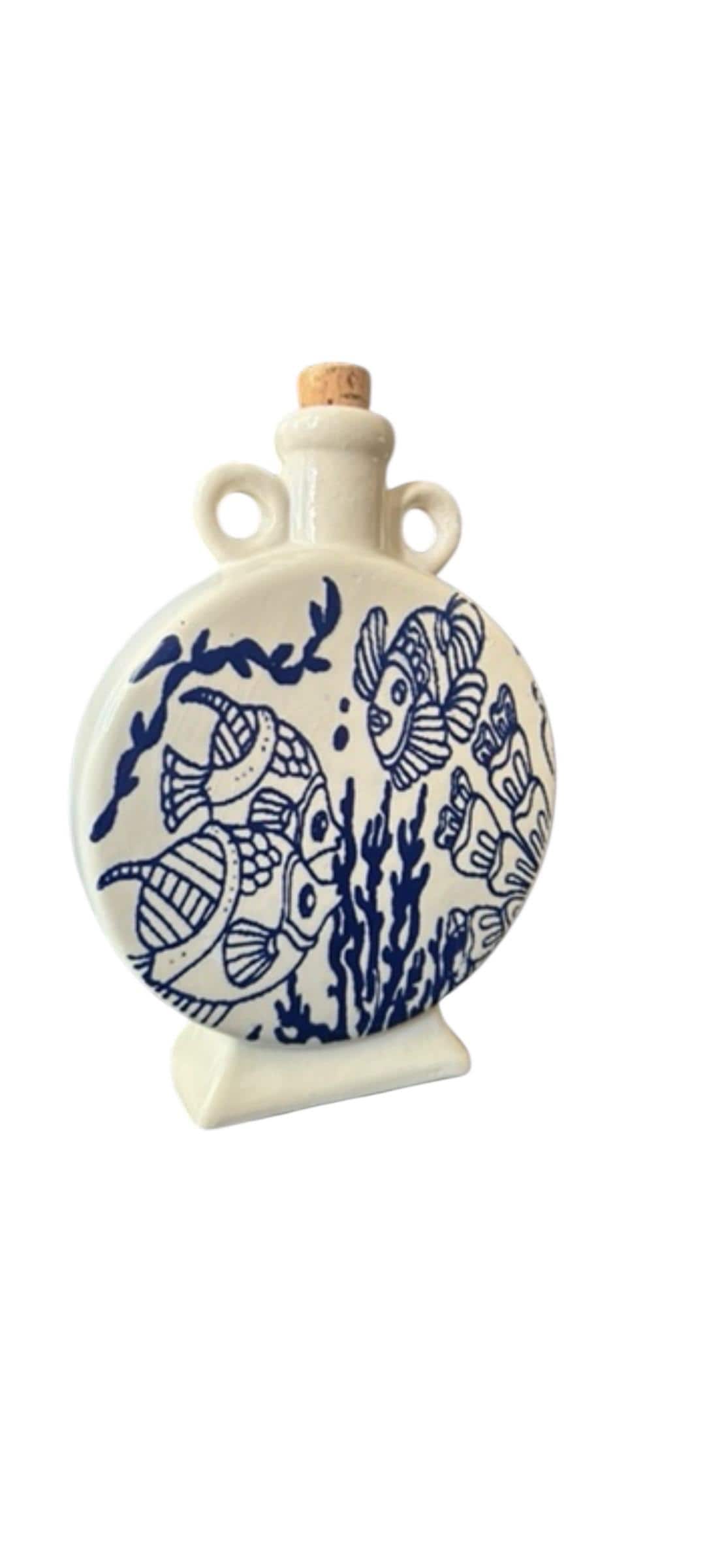 Handmade Tunisian Ceramic Olive Oil Decanter – Blue Fish Design, 21cm