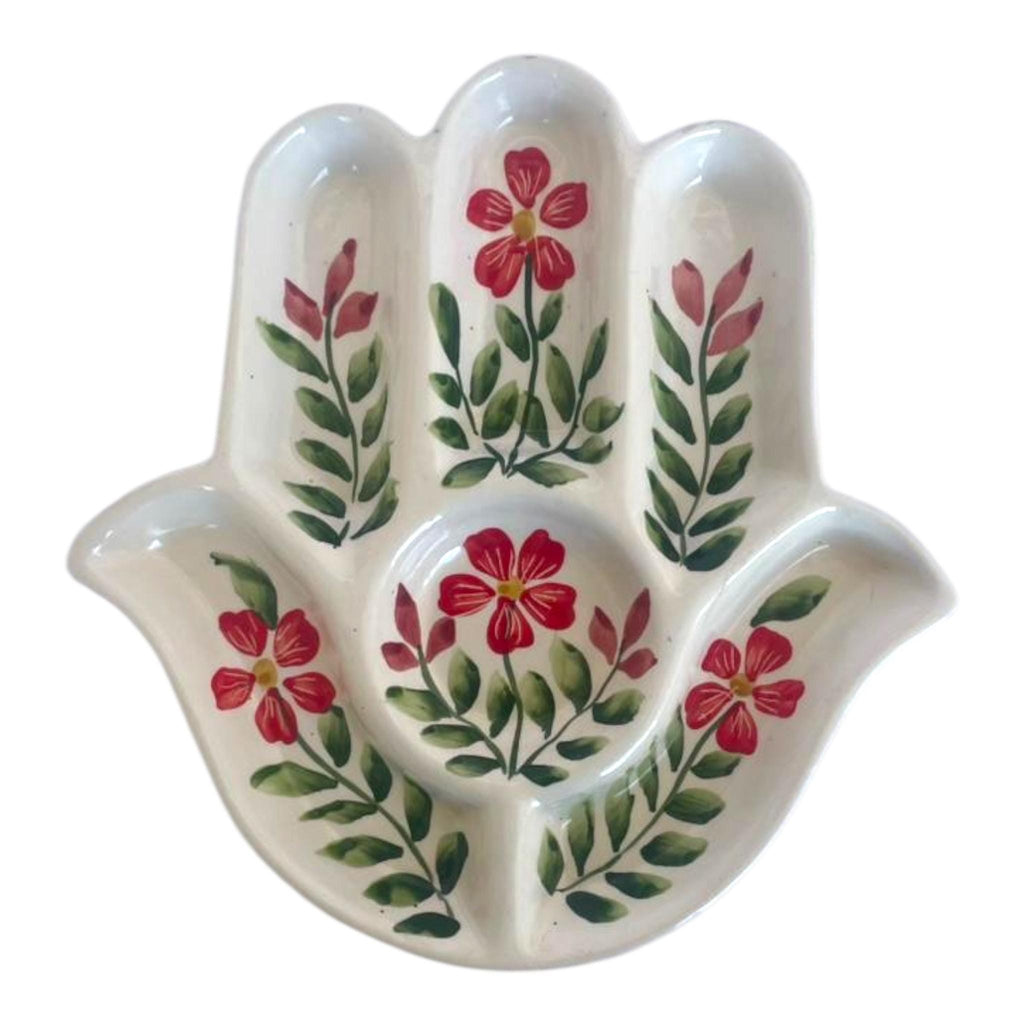 Handmade Ceramic Hamsa Serving Dish – Hand-Painted Floral Design