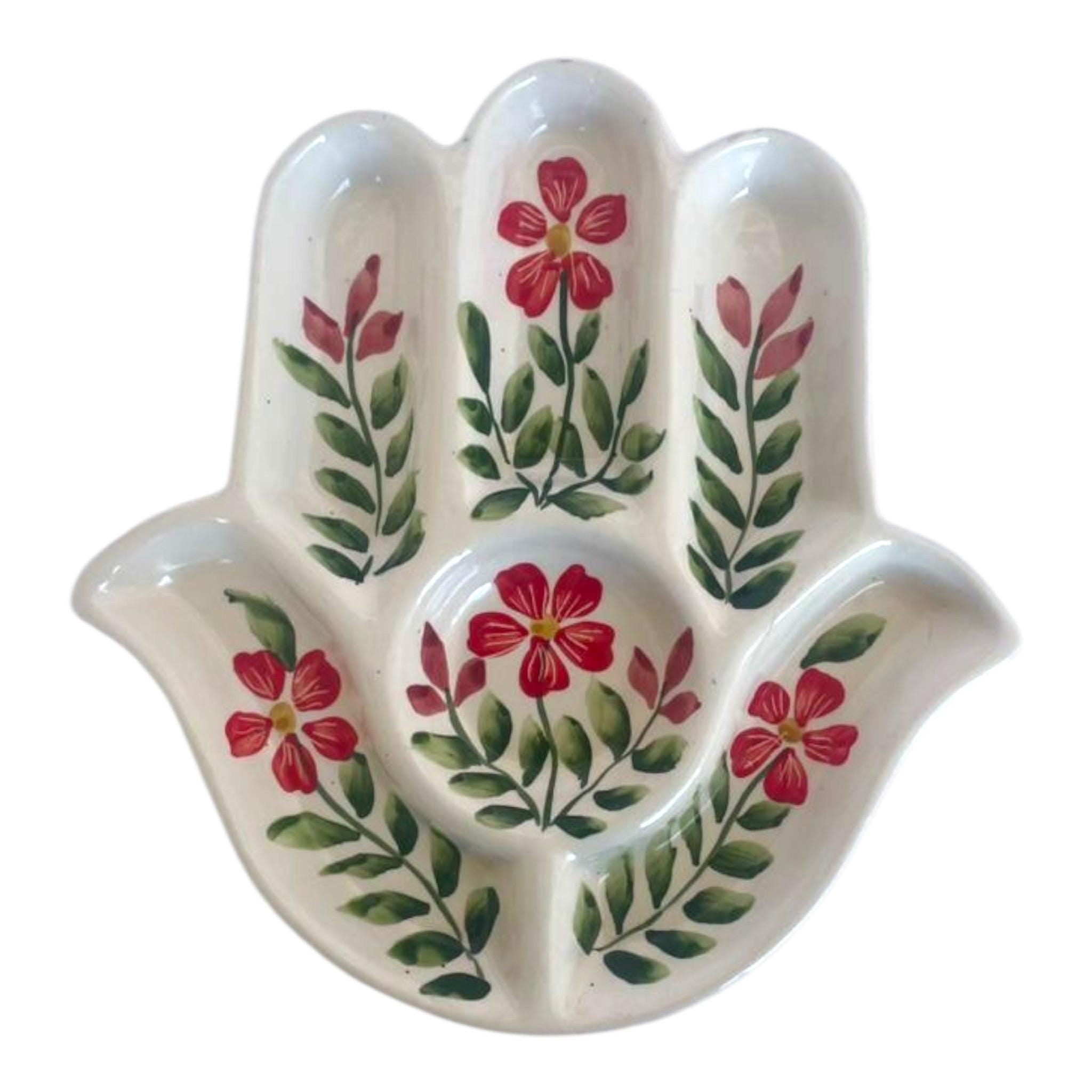Handmade Ceramic Hamsa Serving Dish – Hand-Painted Floral Design