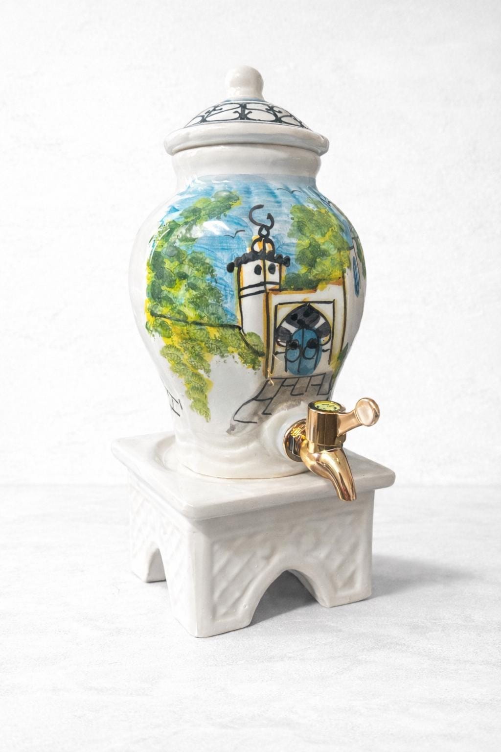 Hand Painted Ceramic Oil Dispenser with Stand | Tunisian Kitchen Decor