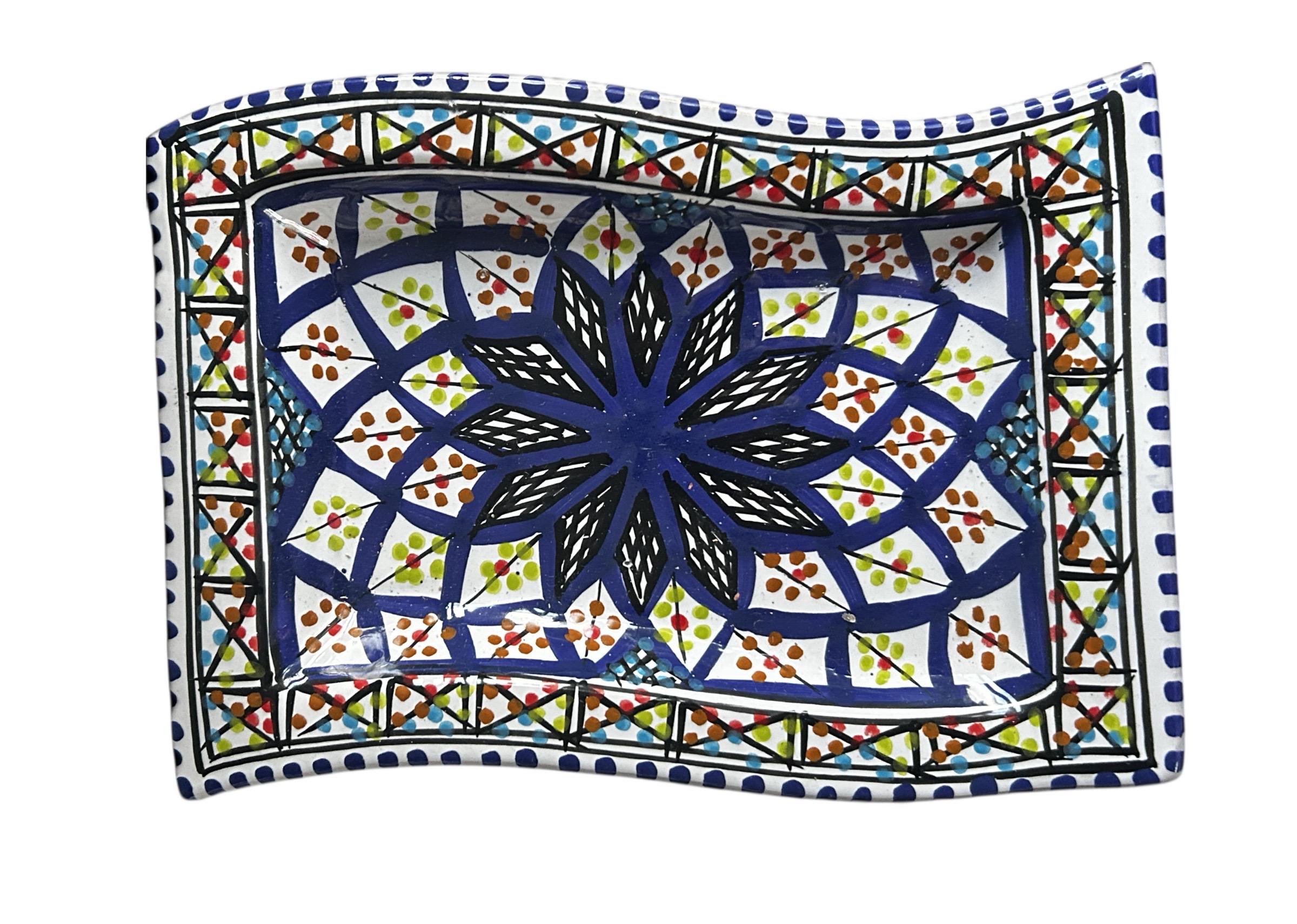 Hand-Painted Tunisian Rectangular Serving Plate With Wavy Edge | Large & Small Side Dish