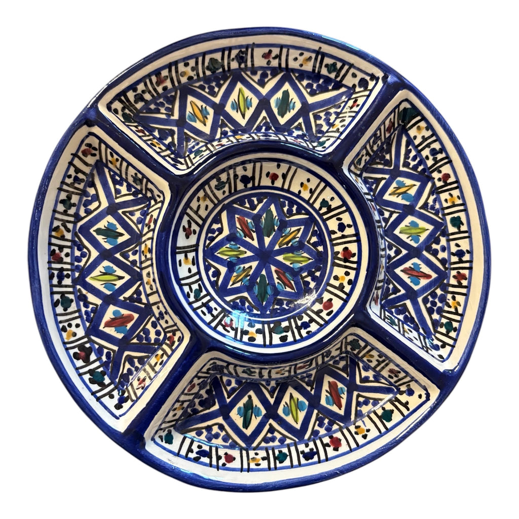 Hand-Painted Tunisian Ceramic Serving Platter | Divided Mezze Dish with Dip Bowl