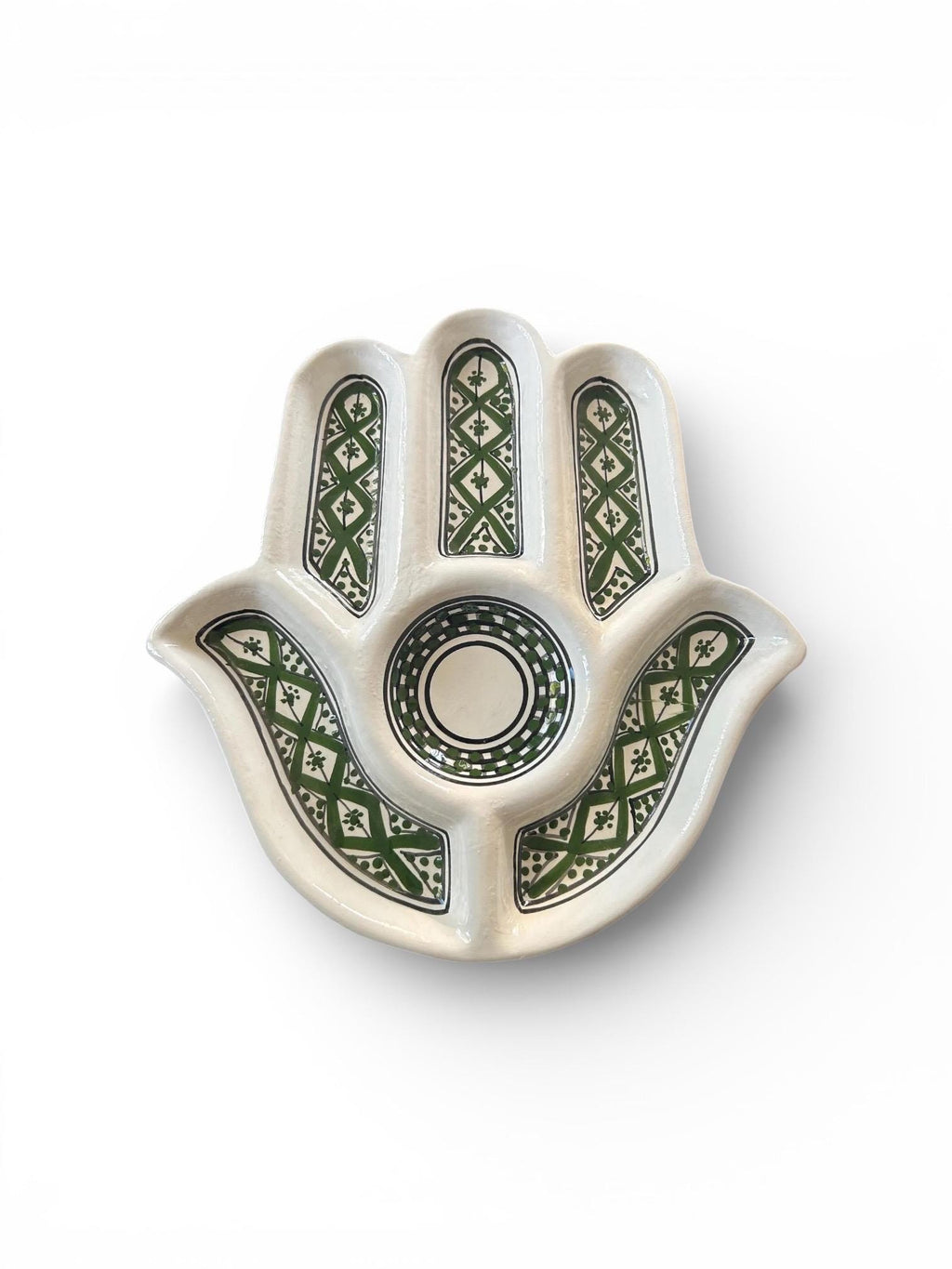 Handmade Tunisian Hamsa Dish – Ceramic Meze Platter, Green & White