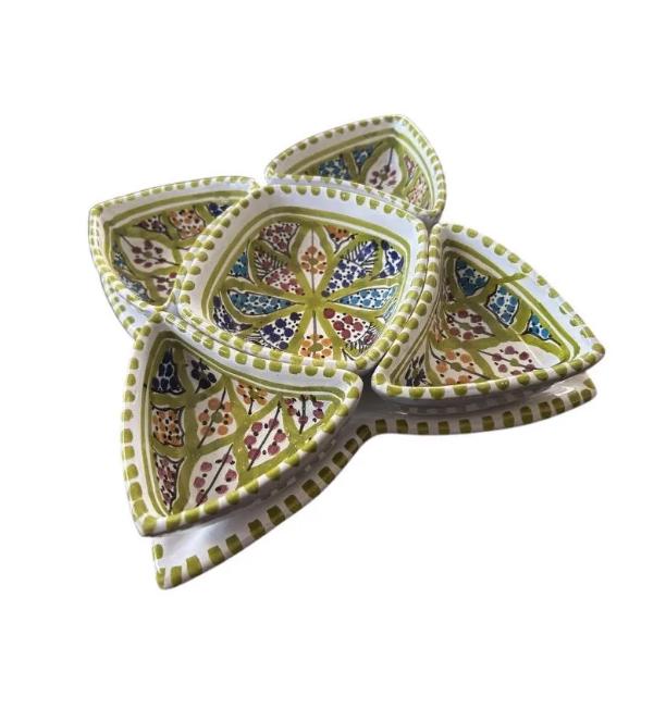 Hand-Painted Tunisian Ceramic Mezze Set with Serving Tray - Green