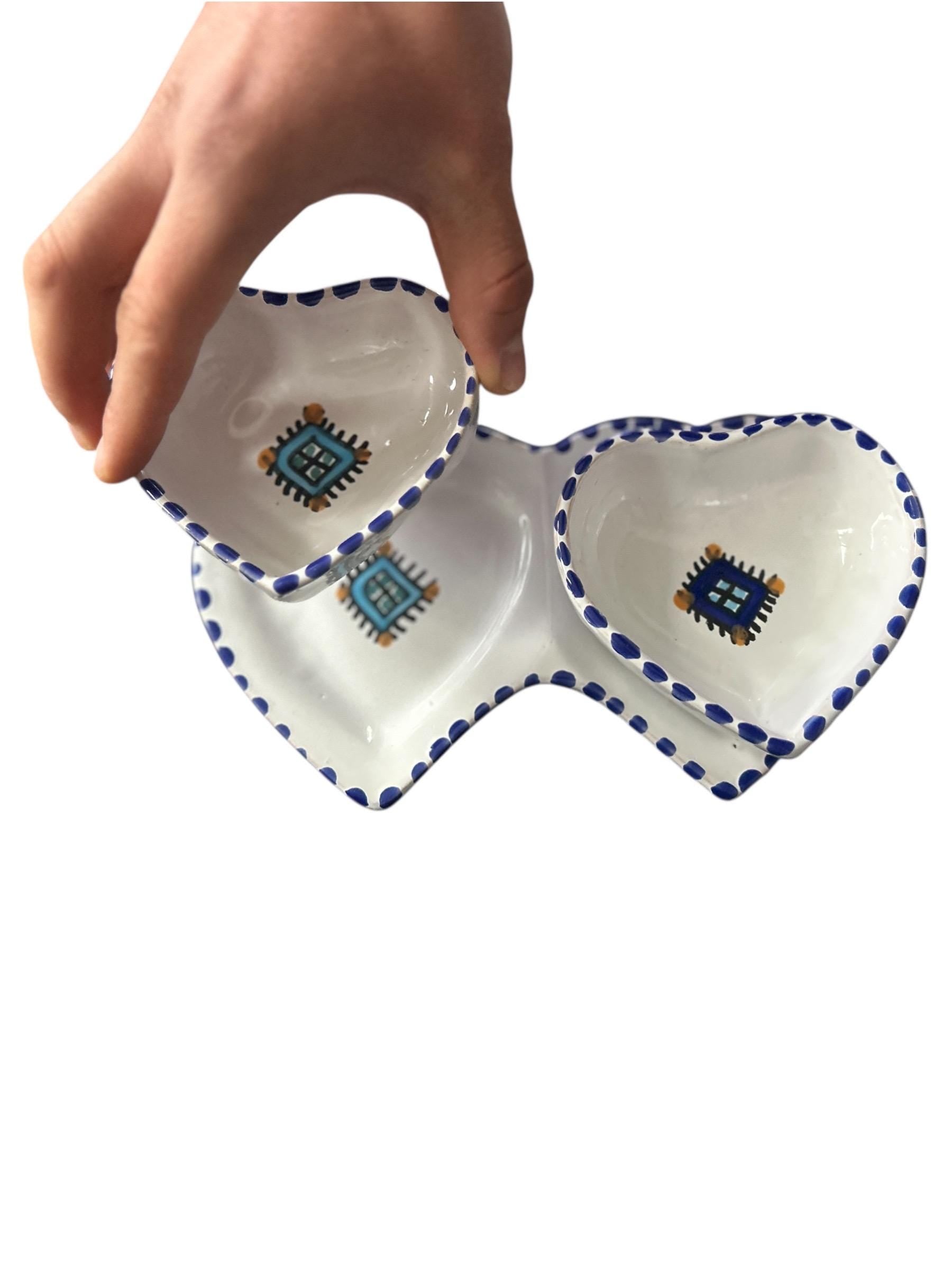 Handmade Ceramic Double Heart Dish | Blue & White Serving Bowl