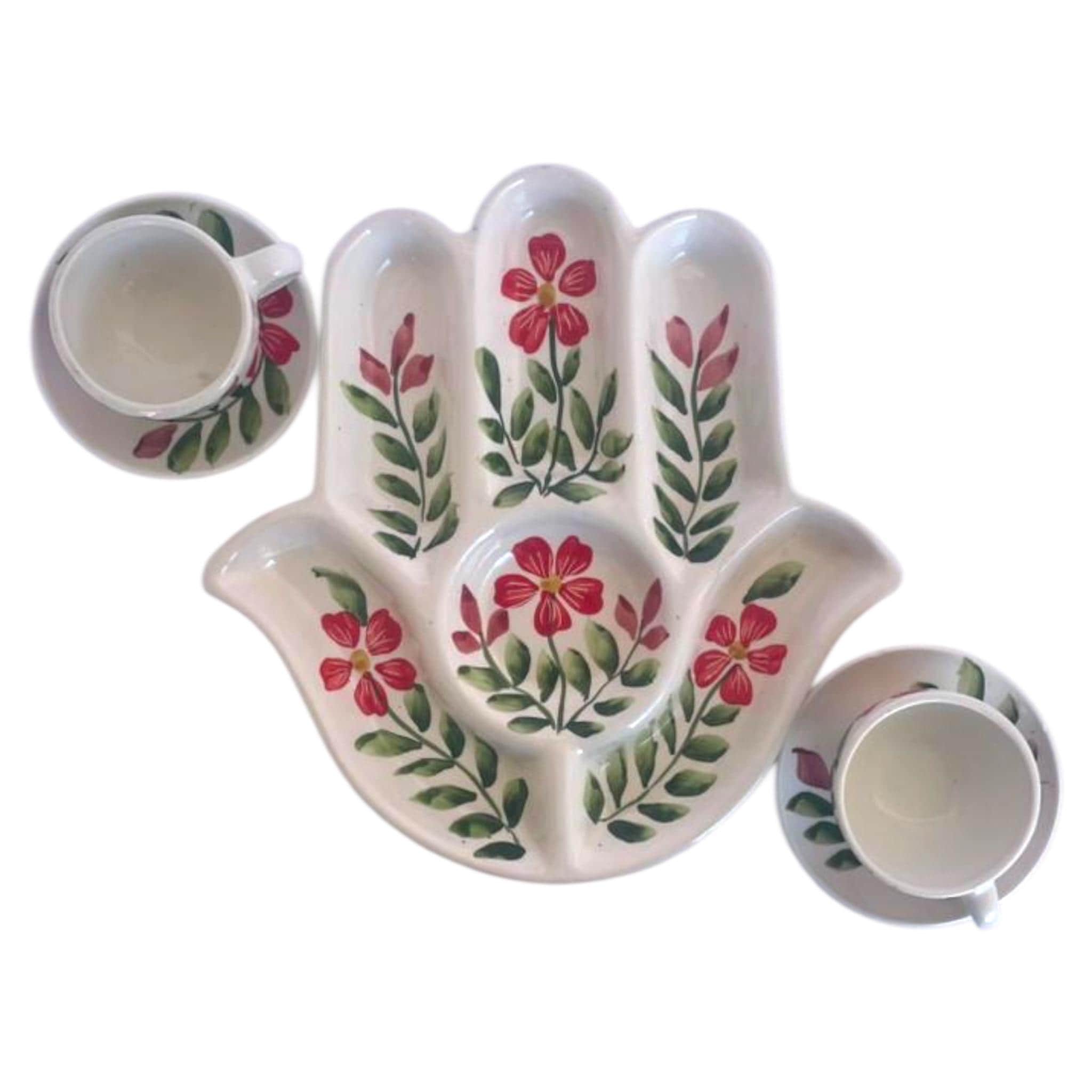 Handmade Ceramic Hamsa Serving Dish – Hand-Painted Floral Design