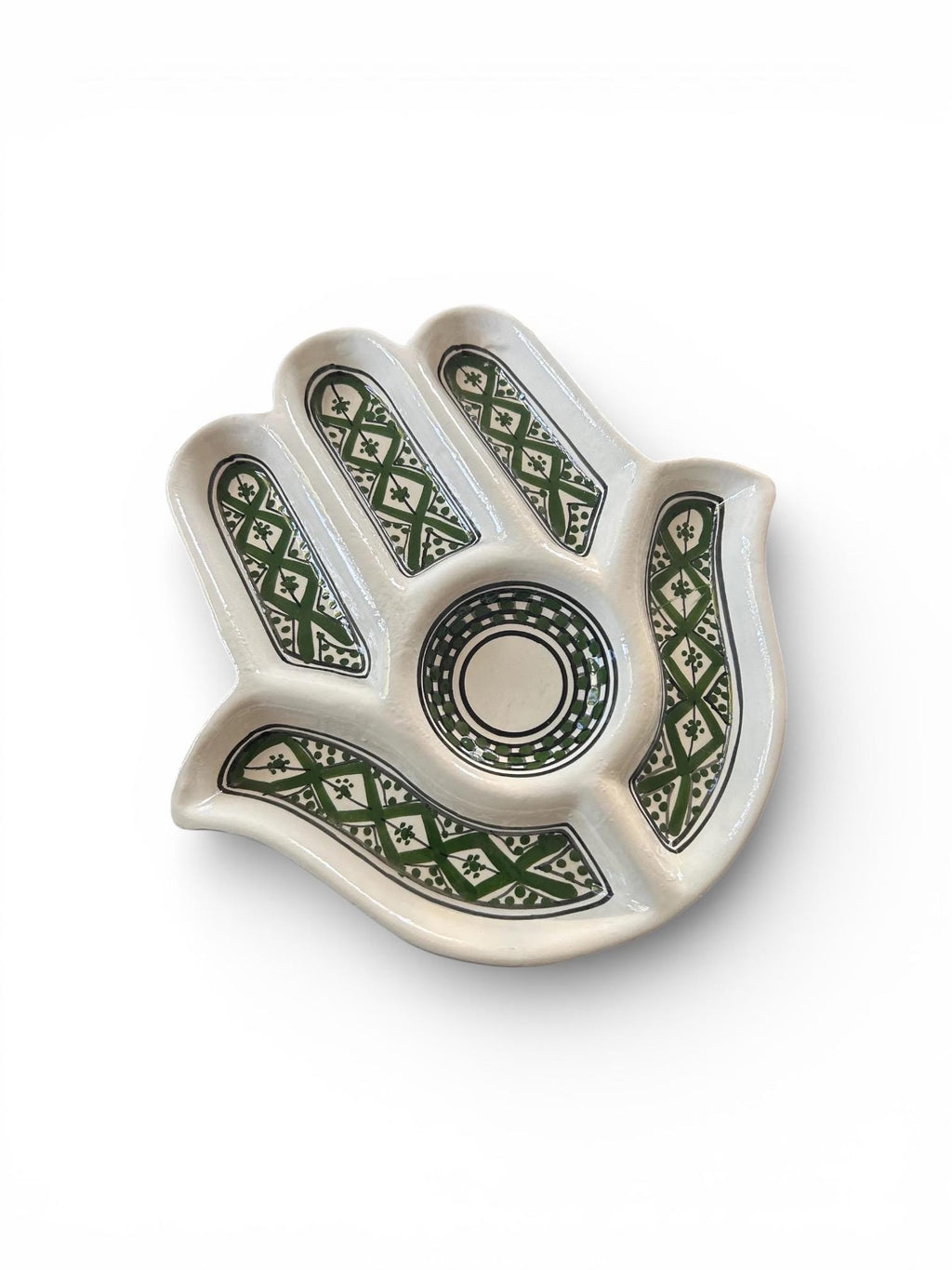 Handmade Tunisian Hamsa Dish – Ceramic Meze Platter, Green & White