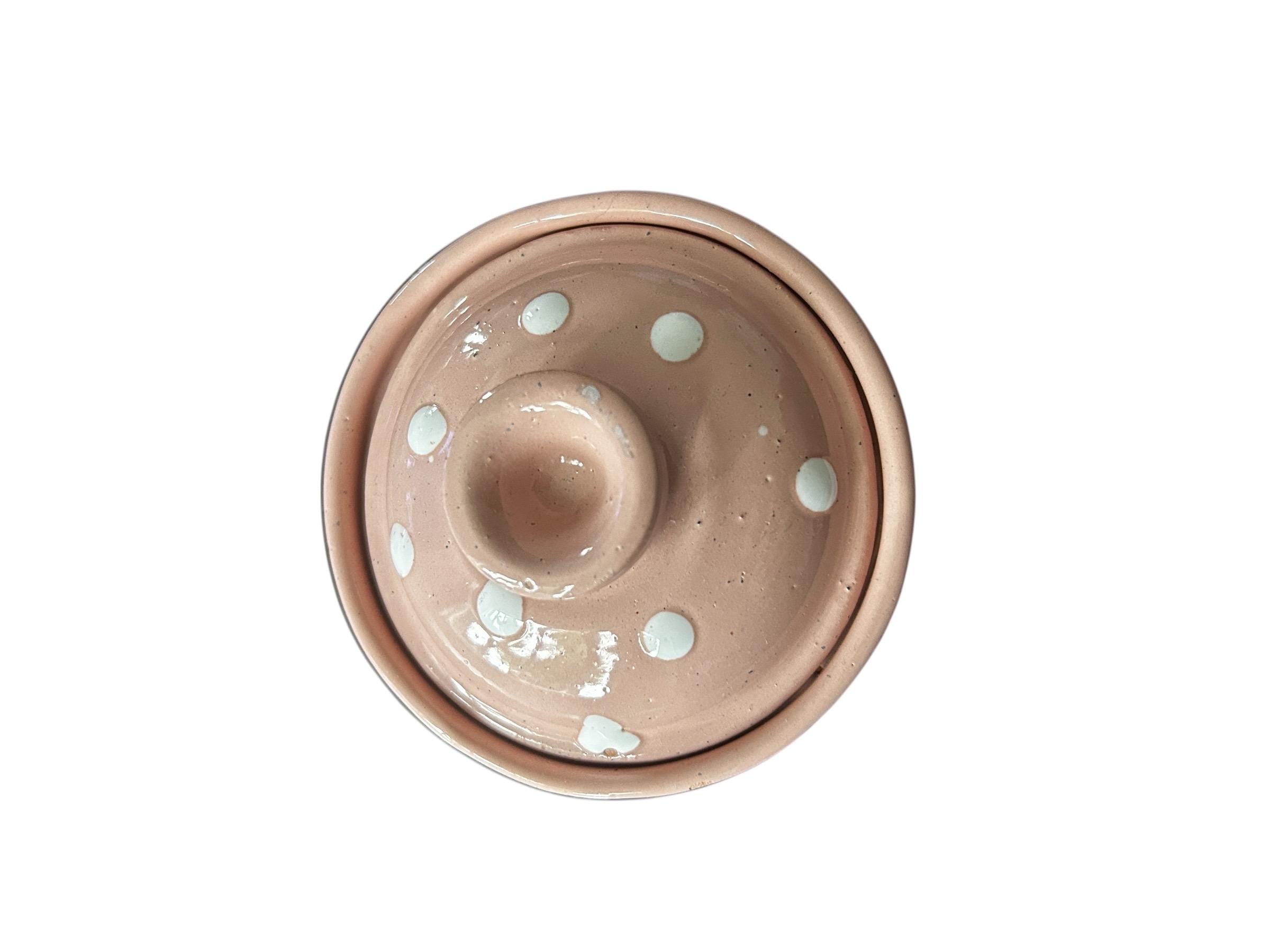 Hand-Painted Pink Ceramic Lidded Bowl | Small Storage Pot with White Dots | Tunisian Stoneware