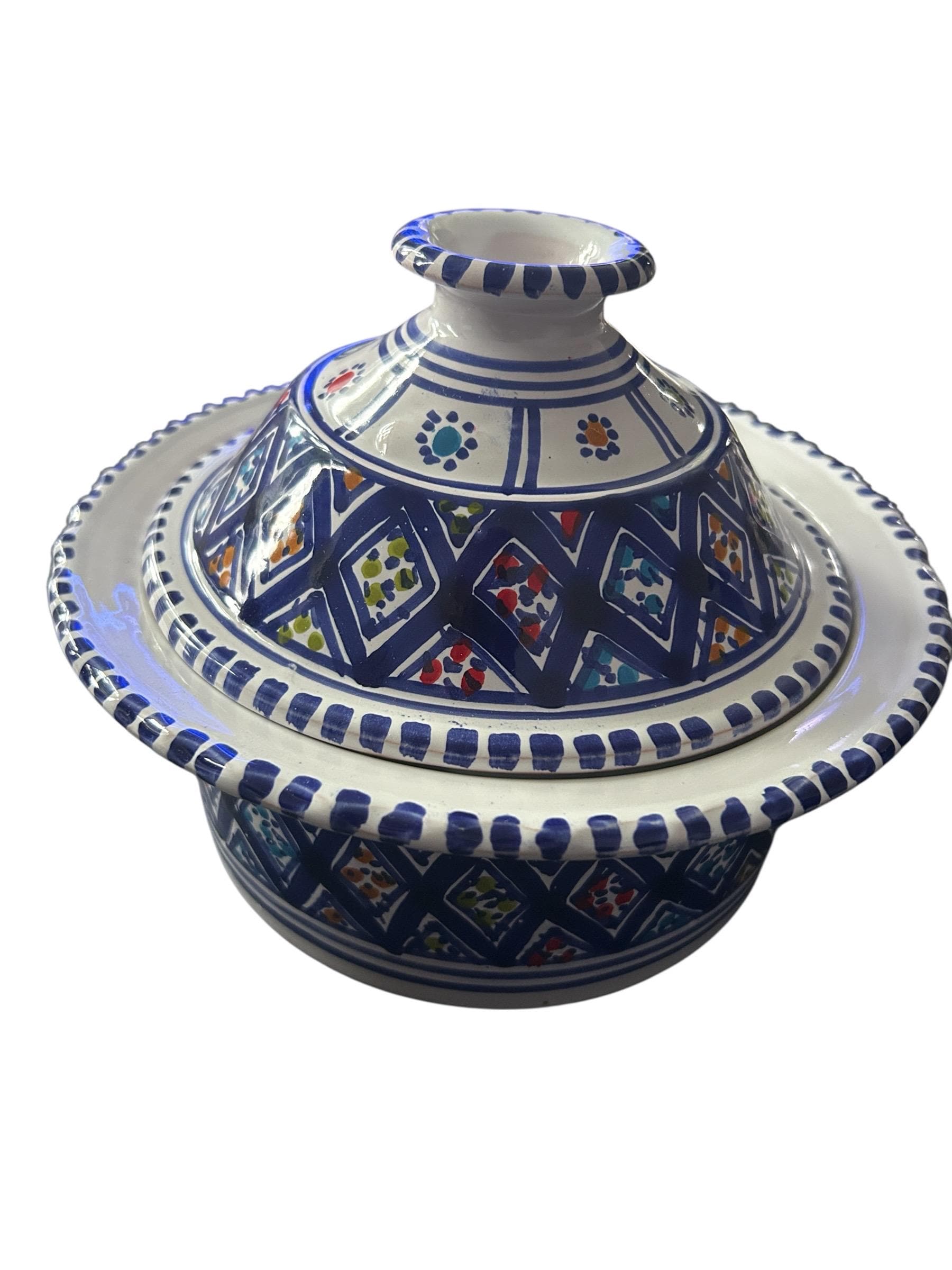 Handmade Ceramic Tagine | Blue Patterned Serving Dish, Tunisian Kitchenware