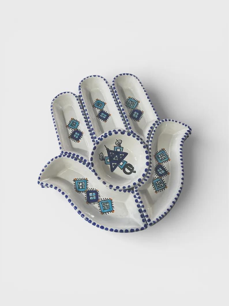 Handmade Tunisian Ceramic Hamsa Meze Set – Hand-Painted Snack & Dip Plates - White and blue