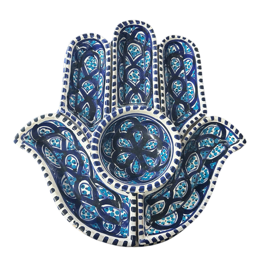 Handcrafted Tunisian Ceramic Hamsa Snack & Meze Serving Set | Hand-Painted Artisan Tableware | Decorative Entertaining Platter