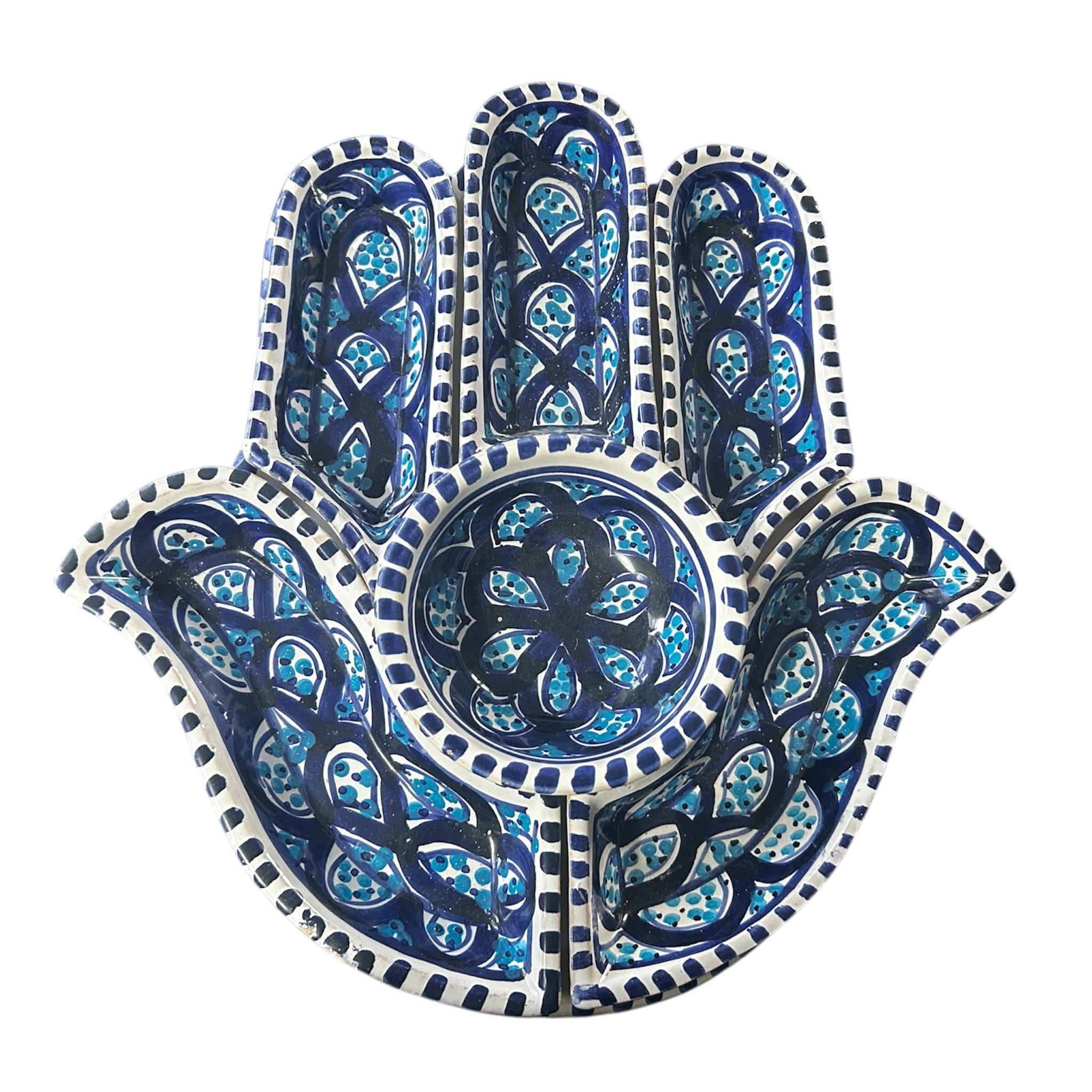 Handcrafted Tunisian Ceramic Hamsa Snack & Meze Serving Set | Hand-Painted Artisan Tableware | Decorative Entertaining Platter