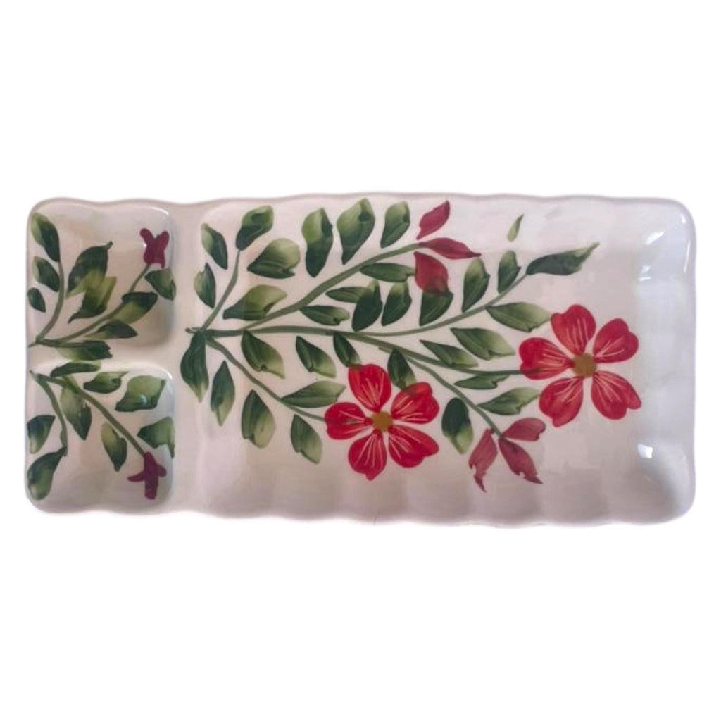 Handmade Ceramic Rectangular Serving Dish – 3 Section Floral Platter
