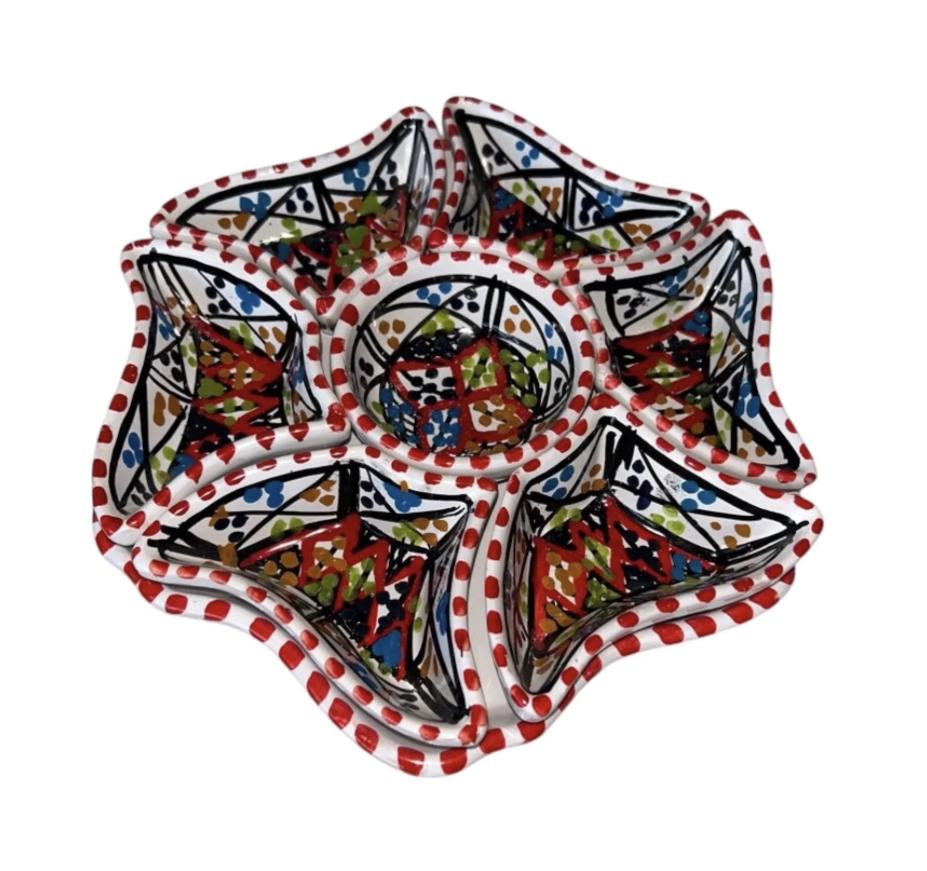 Handmade Tunisian Ceramic Snack Dish – Flower Shaped Tapas Plate - Red