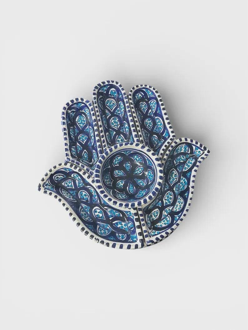 Handcrafted Tunisian Ceramic Hamsa Snack & Meze Serving Set | Hand-Painted Artisan Tableware | Decorative Entertaining Platter
