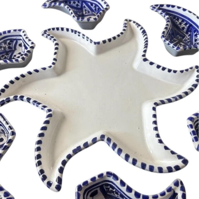Hand-Painted Tunisian Ceramic Mezze Platter – Blue and White Petal Dishes