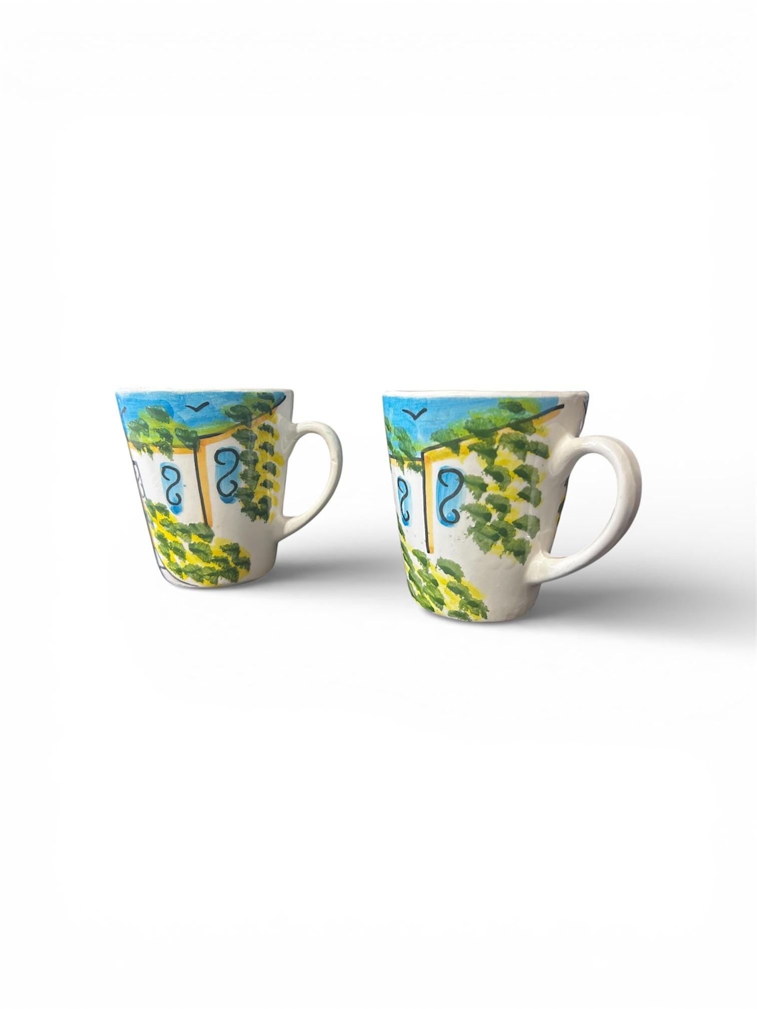 Hand-Painted Ceramic Mug Set | Mediterranean Coastal Village Design