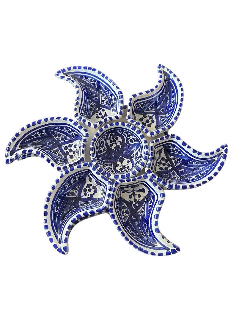 Hand-Painted Tunisian Ceramic Mezze Platter – Blue and White Petal Dishes