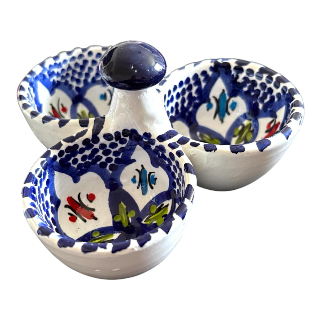 Hand-Painted Tunisian Ceramic Serving Dish | 3 Section Mezze Bowl Set | Artisan Dip & Snack Serving | Blue