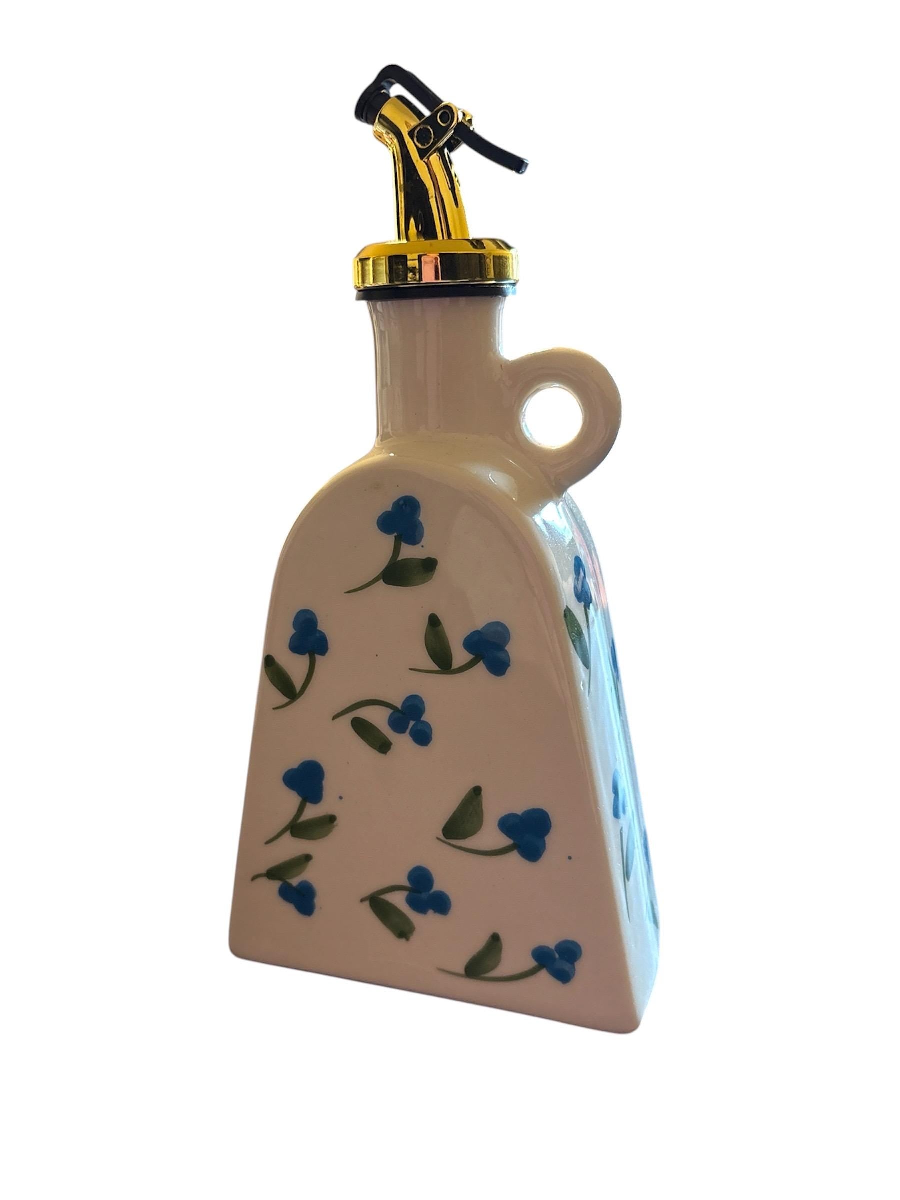 Hand Painted Ceramic Oil Pourer | Tunisian Tile Design Kitchen Decor - Blue Flowers