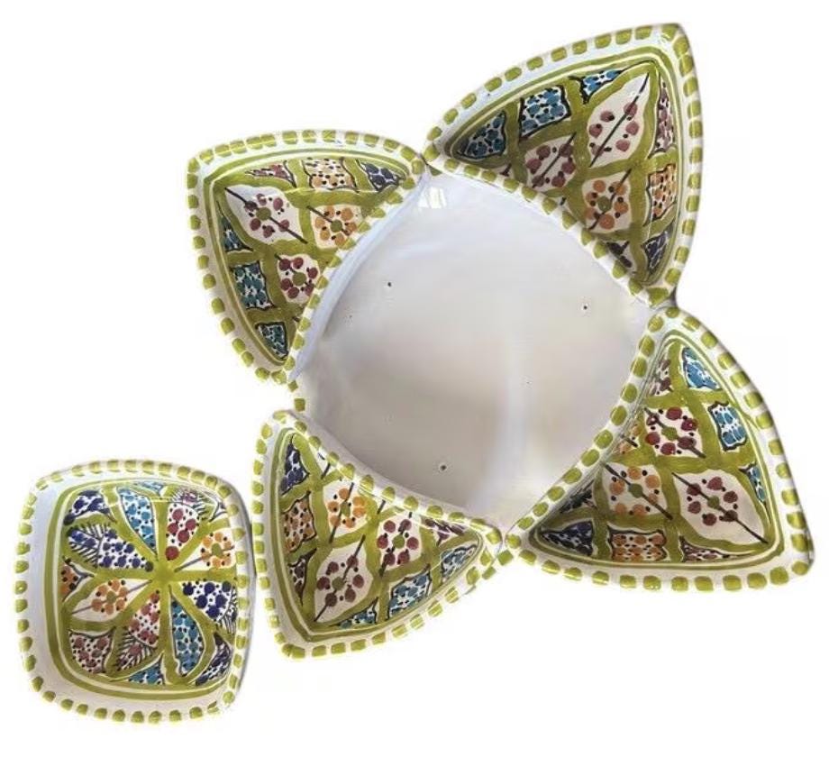 Hand-Painted Tunisian Ceramic Mezze Set with Serving Tray - Green