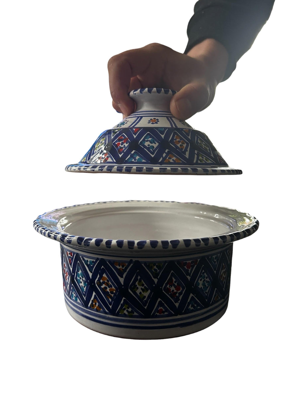Handmade Ceramic Tagine | Blue Patterned Serving Dish, Tunisian Kitchenware
