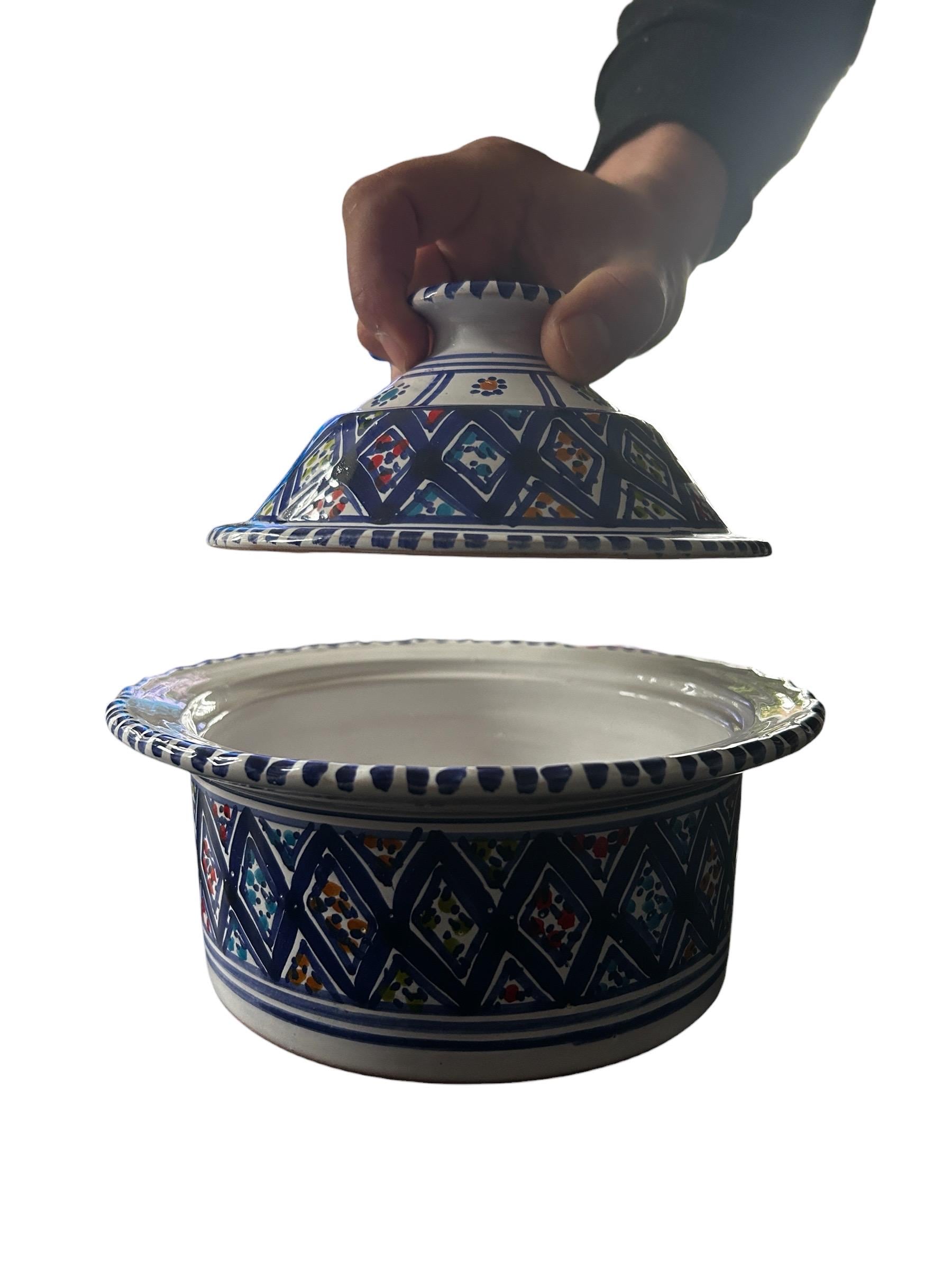 Handmade Ceramic Tagine | Blue Patterned Serving Dish, Tunisian Kitchenware
