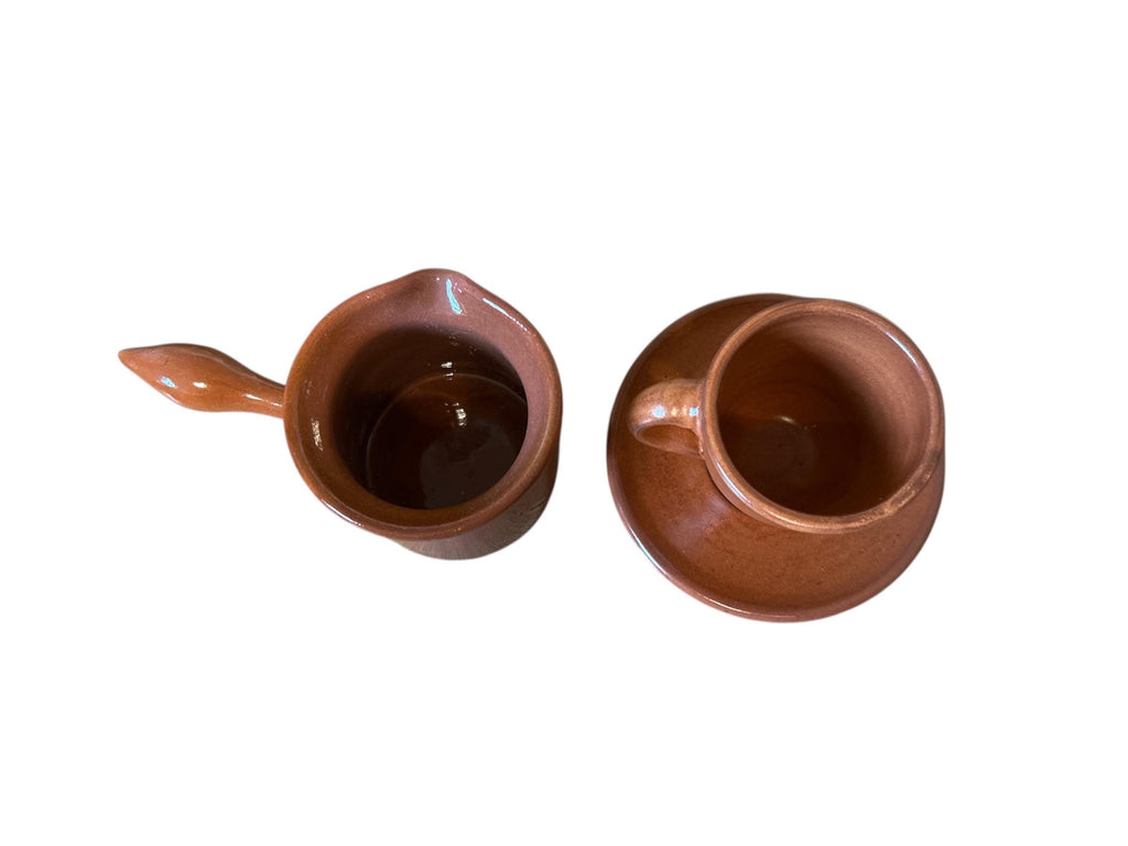 Handmade Tunisian Ceramic Cezve-Style Coffee Pot, Cup & Saucer Coffee Set | Rustic Brown Terracotta