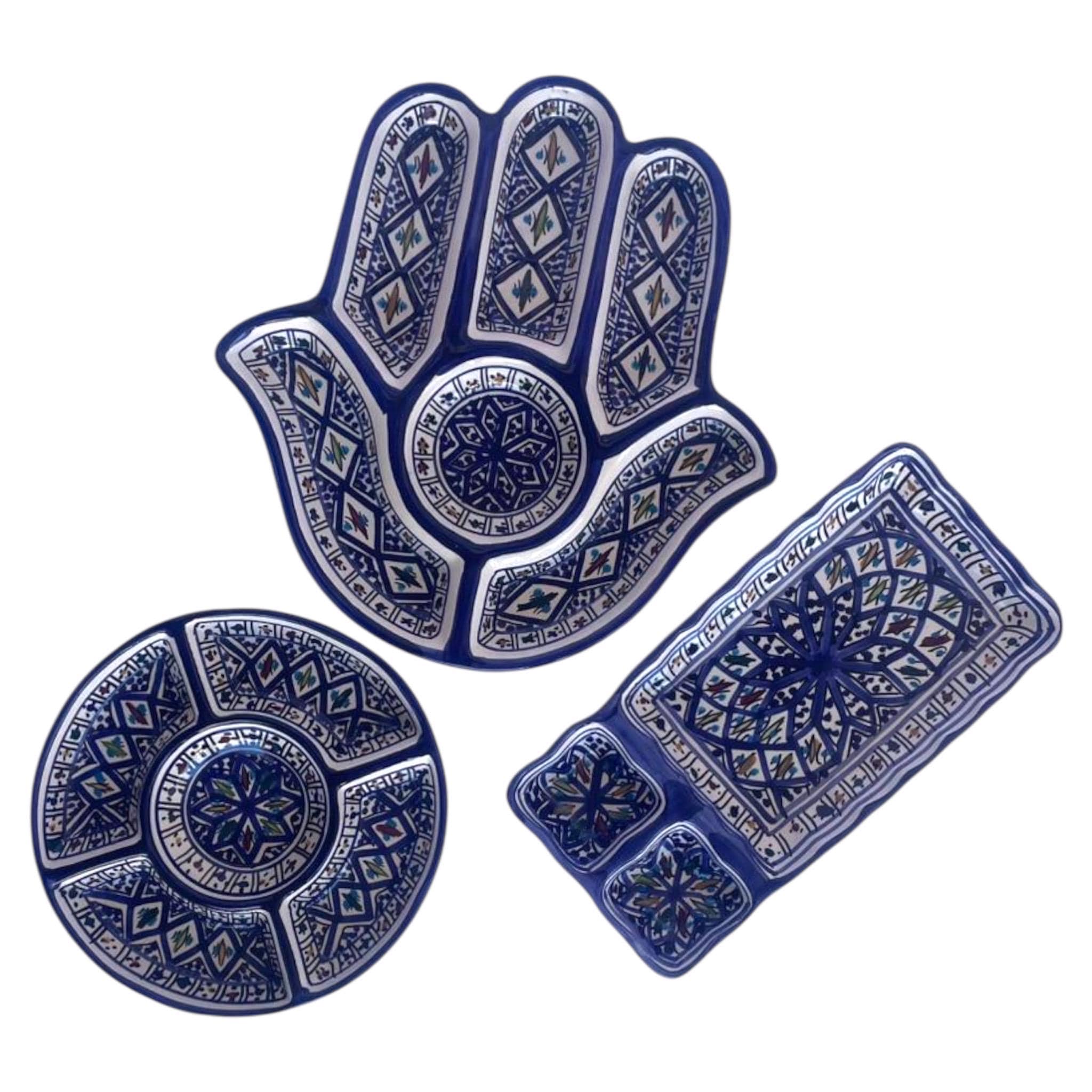 Handmade Ceramic Hamsa Serving Platter – Traditional Blue Mosaic