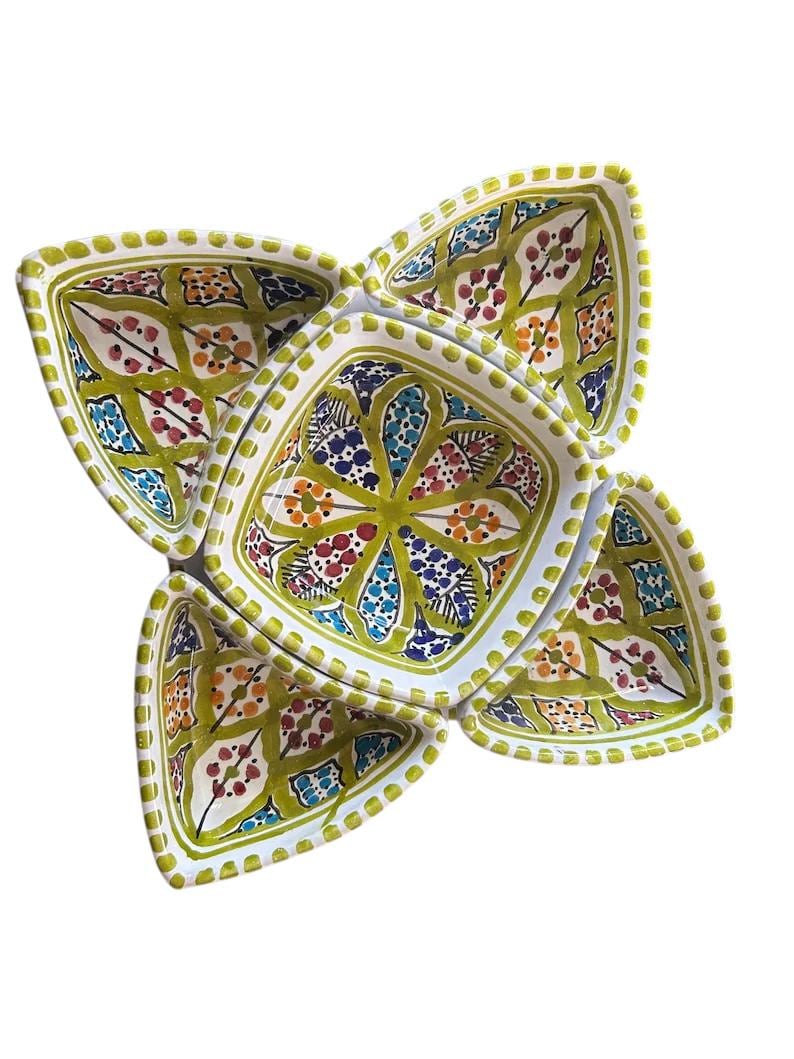Hand-Painted Tunisian Ceramic Mezze Set with Serving Tray - Green