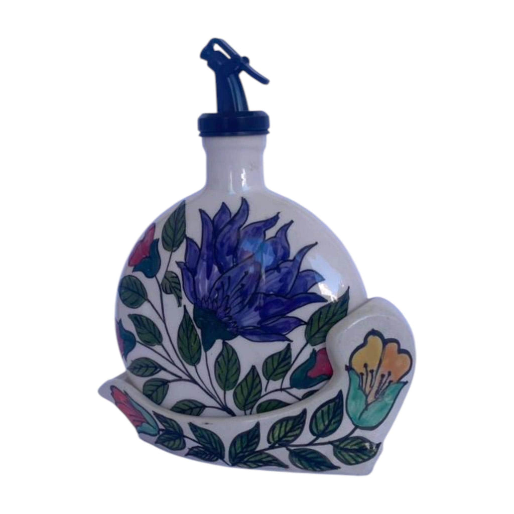 Hand-Painted Ceramic Oil Bottle - Tunisian Olive Oil Dispenser with Stand
