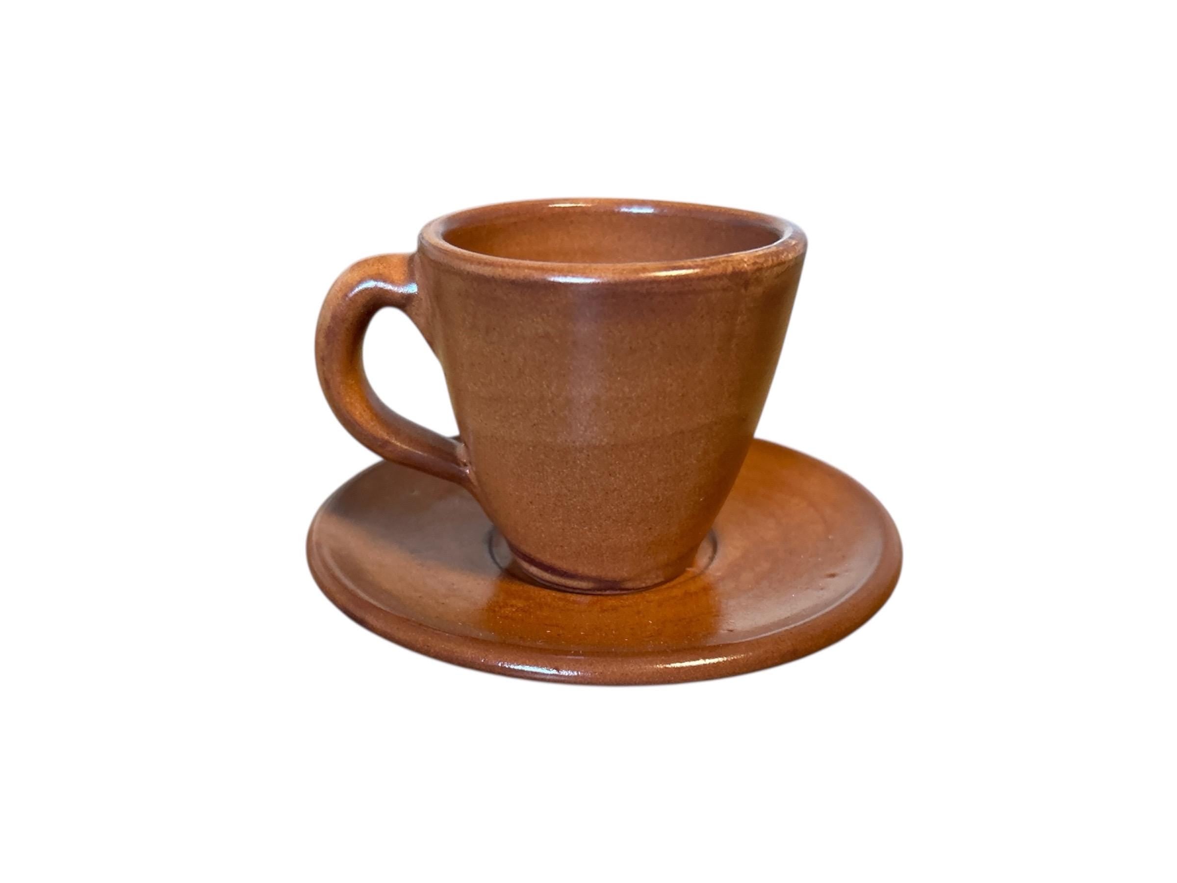 Handmade Tunisian Ceramic Cezve-Style Coffee Pot, Cup & Saucer Coffee Set | Rustic Brown Terracotta